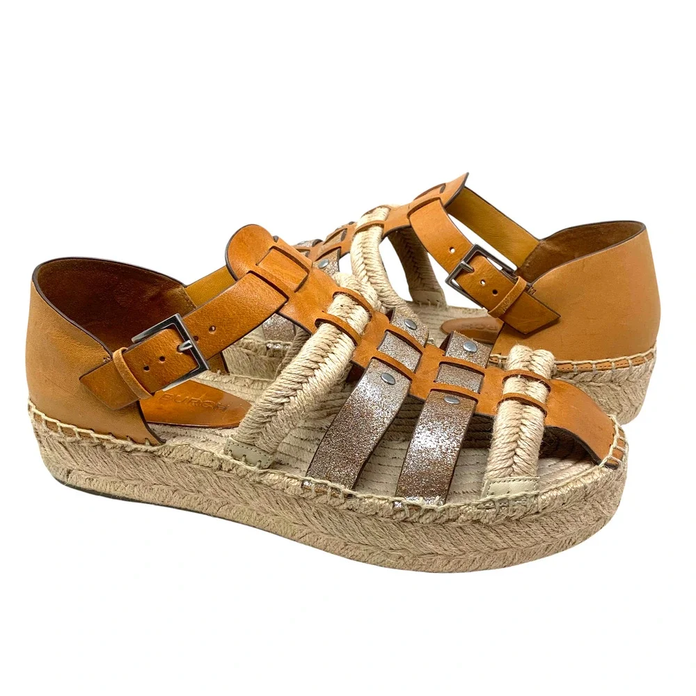 Tory Burch Sz 11 Fisherman Platform Espadrilles Silver/Brandy Leather Nautical